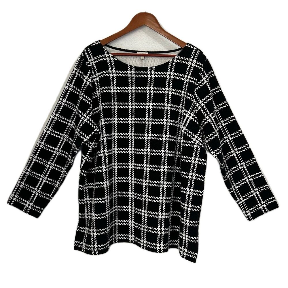 Talbots Plus Top Women 3X Black White Plaid Slits Knit Comfy Business Casual